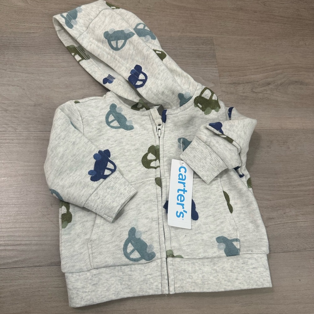 Carter's Light Gray Hoodie with Blue and Green Cars